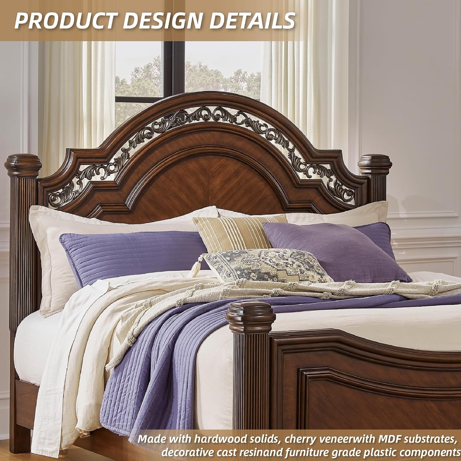 image:imageSignature Design by Ashley Lavinton Queen Four Poster Bed Cherry Brown Hardwood solids and cherry veneer with MDF substrates 66 in tall metallic filigree headboard Victorian styleCalifornia King