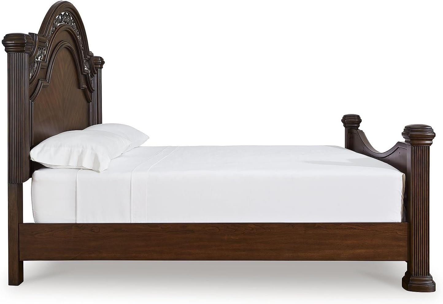 image:imageSignature Design by Ashley Lavinton Queen Four Poster Bed Cherry Brown Hardwood solids and cherry veneer with MDF substrates 66 in tall metallic filigree headboard Victorian styleCalifornia King