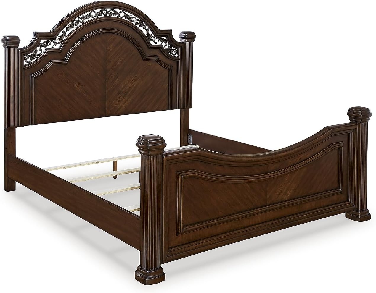 image:imageSignature Design by Ashley Lavinton Queen Four Poster Bed Cherry Brown Hardwood solids and cherry veneer with MDF substrates 66 in tall metallic filigree headboard Victorian styleCalifornia King