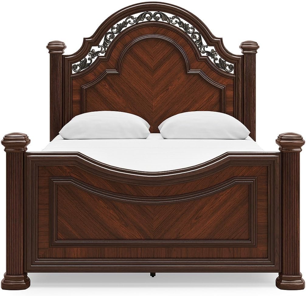 image:imageSignature Design by Ashley Lavinton Queen Four Poster Bed Cherry Brown Hardwood solids and cherry veneer with MDF substrates 66 in tall metallic filigree headboard Victorian styleQueen