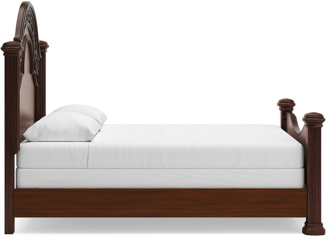 image:imageSignature Design by Ashley Lavinton Queen Four Poster Bed Cherry Brown Hardwood solids and cherry veneer with MDF substrates 66 in tall metallic filigree headboard Victorian styleQueen