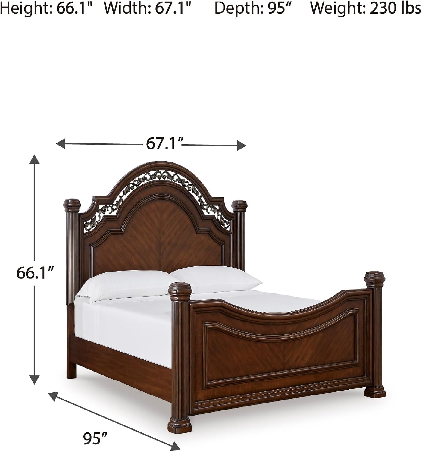 image:imageSignature Design by Ashley Lavinton Queen Four Poster Bed Cherry Brown Hardwood solids and cherry veneer with MDF substrates 66 in tall metallic filigree headboard Victorian styleQueen