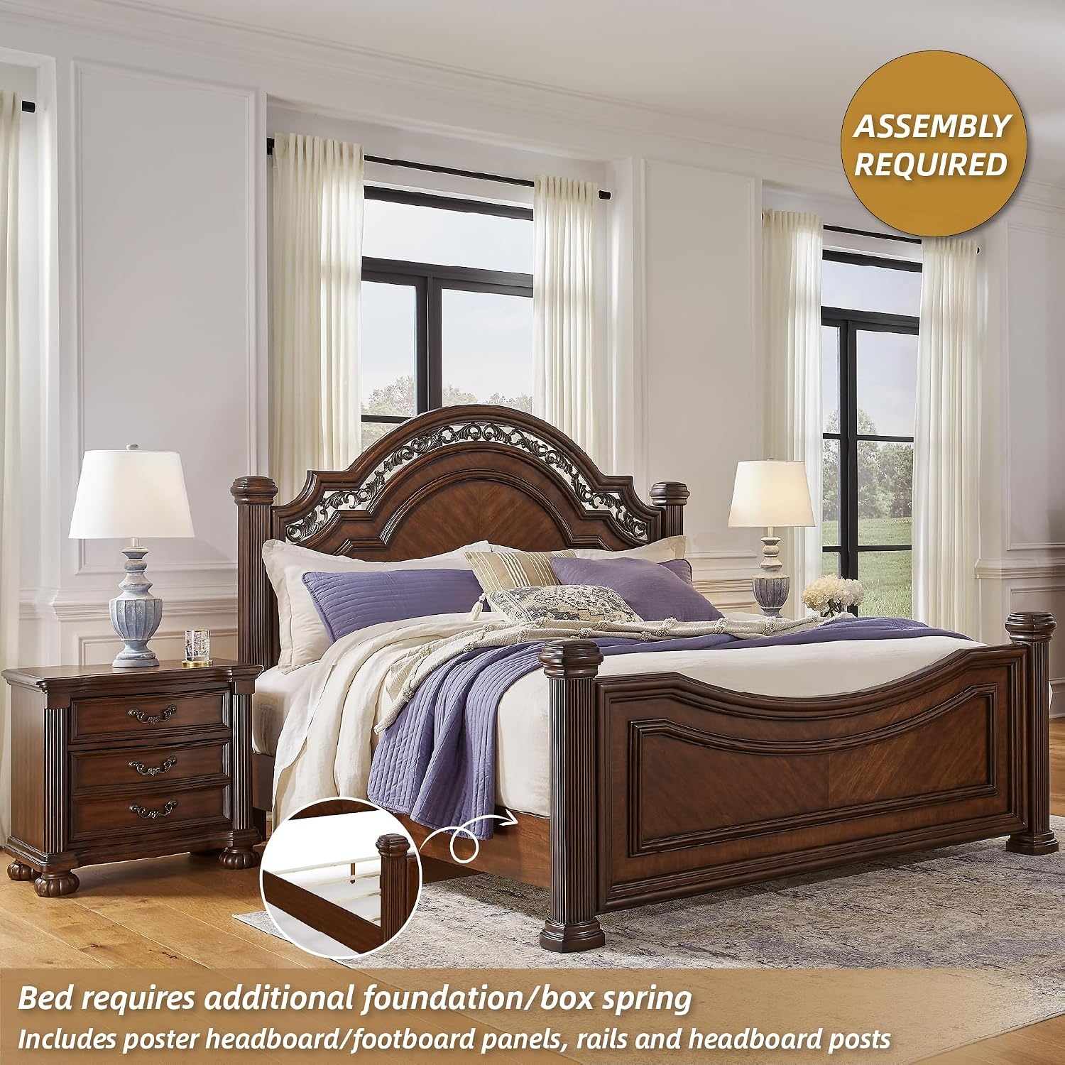 image:imageSignature Design by Ashley Lavinton Queen Four Poster Bed Cherry Brown Hardwood solids and cherry veneer with MDF substrates 66 in tall metallic filigree headboard Victorian styleCalifornia King