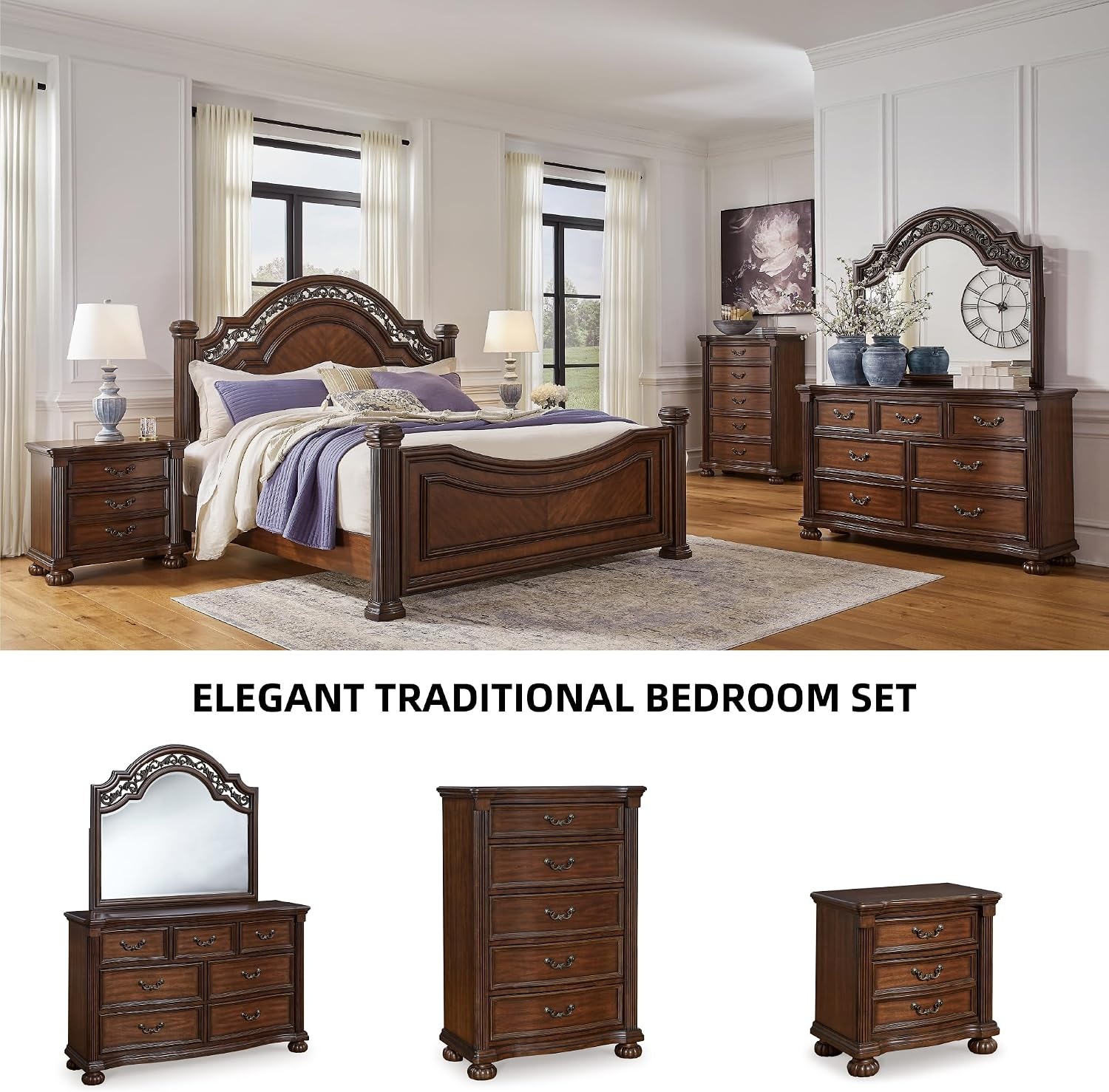 image:imageSignature Design by Ashley Lavinton Queen Four Poster Bed Cherry Brown Hardwood solids and cherry veneer with MDF substrates 66 in tall metallic filigree headboard Victorian styleCalifornia King
