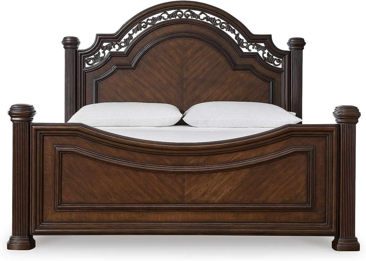 image:imageSignature Design by Ashley Lavinton Queen Four Poster Bed Cherry Brown Hardwood solids and cherry veneer with MDF substrates 66 in tall metallic filigree headboard Victorian styleCalifornia King