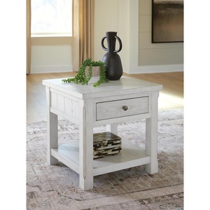 Signature Design by Ashley Farmhouse Square End Table, Antique White | Hardwood solids, Ash veneer and MDF substrates, Modern farmhouse style, Living room use, 1 drawer, Robbinsdale Series