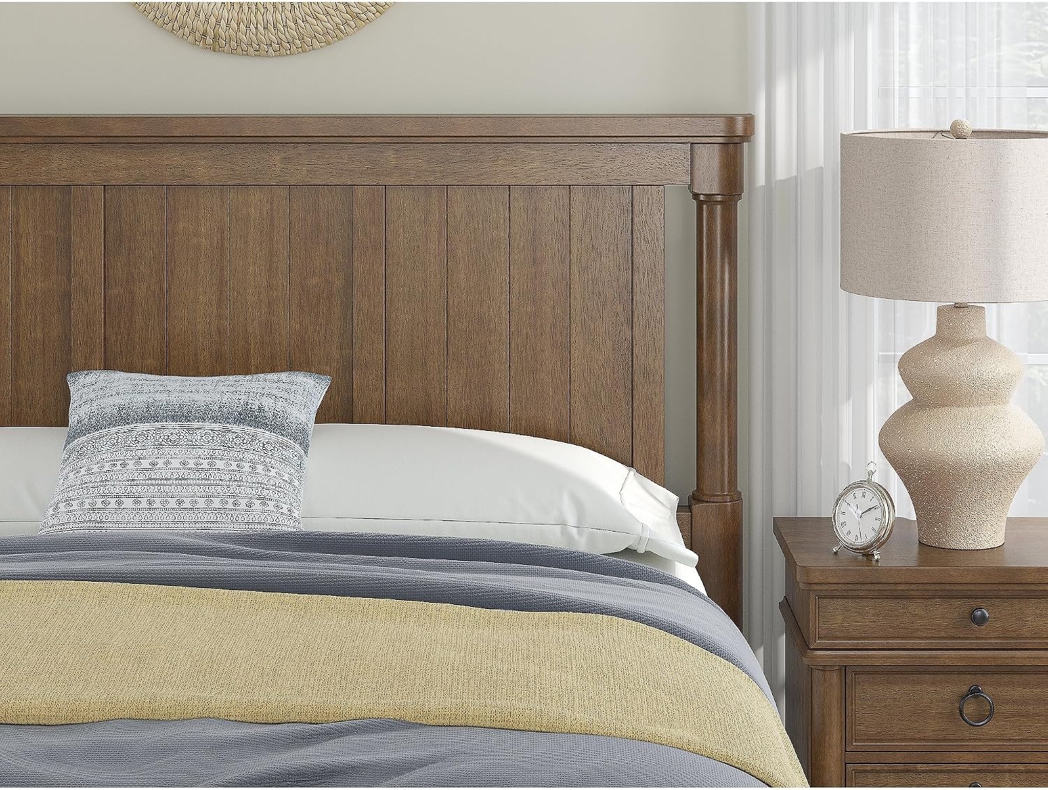 image:imageSignature Design by Ashley California King Four Poster Bed Frame Brown Mango wood veneer and engineered wood Laminated slat support Bed frame with headboard Master bedroom Greddinton Series