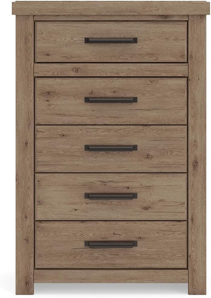 image:imageSignature Design by Ashley Contoura 5Drawer Chest of Drawers Engineered wood and decorative laminate Rustic modern style Bedroom storage use Dark bronzetone pulls European slides