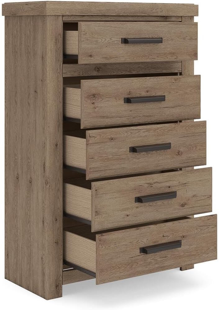 image:imageSignature Design by Ashley Contoura 5Drawer Chest of Drawers Engineered wood and decorative laminate Rustic modern style Bedroom storage use Dark bronzetone pulls European slides