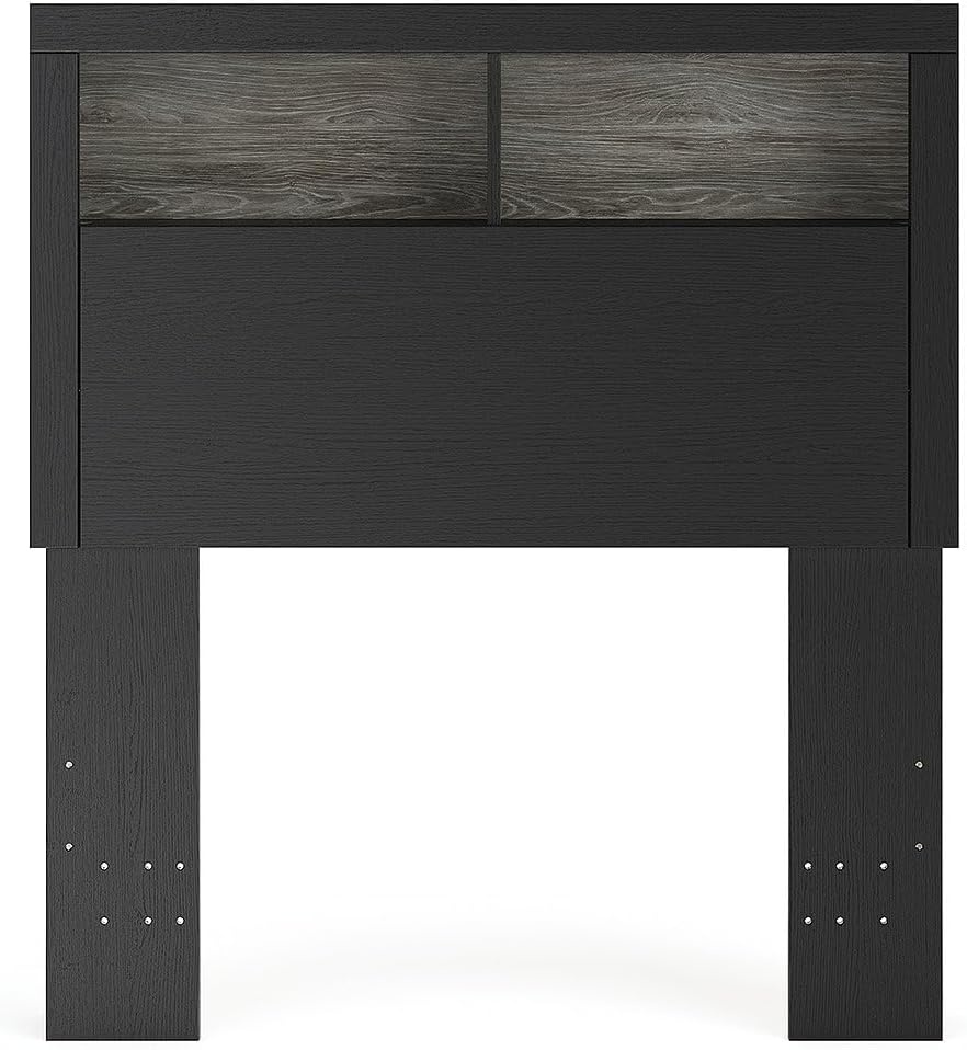 image:imageSignature Design by Ashley Ryderton Twin Bookcase Headboard BlackGray Engineered wood MDFparticleboardplywood Decorative laminate finish 3 storage cubbies Youth bedroom use Rustic style