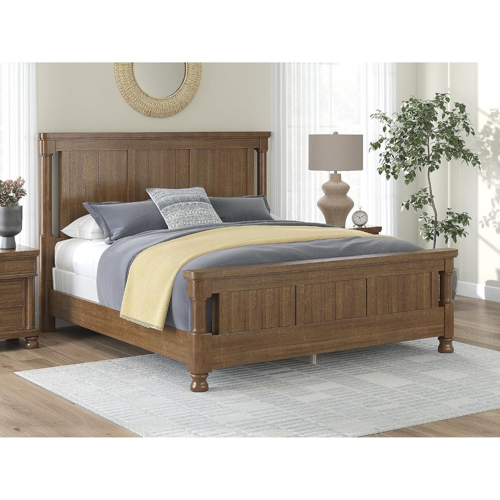 image:imageSignature Design by Ashley California King Four Poster Bed Frame Brown Mango wood veneer and engineered wood Laminated slat support Bed frame with headboard Master bedroom Greddinton Series