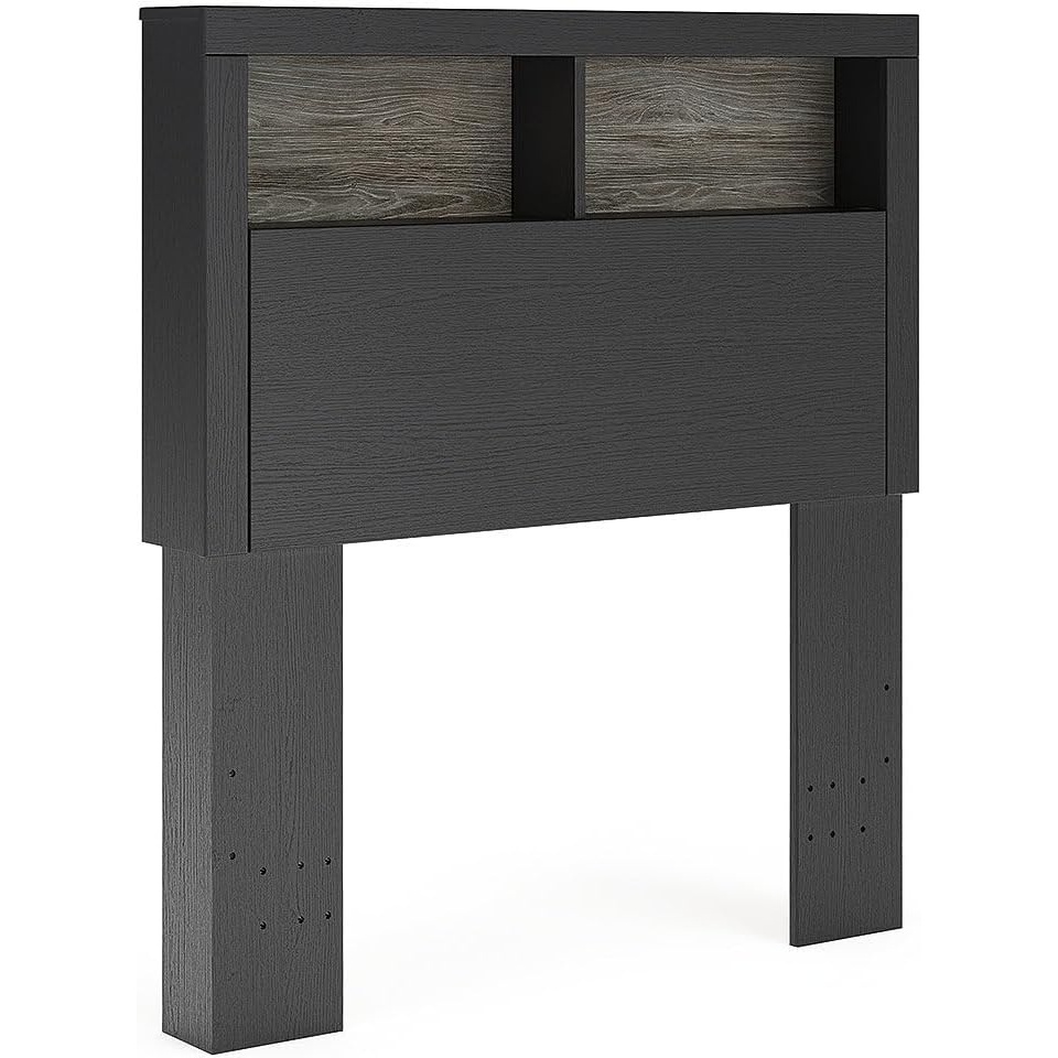 image:imageSignature Design by Ashley Ryderton Twin Bookcase Headboard BlackGray  Engineered wood MDFparticleboardplywood Decorative laminate finish 3 storage cubbies Youth bedroom use Rustic style