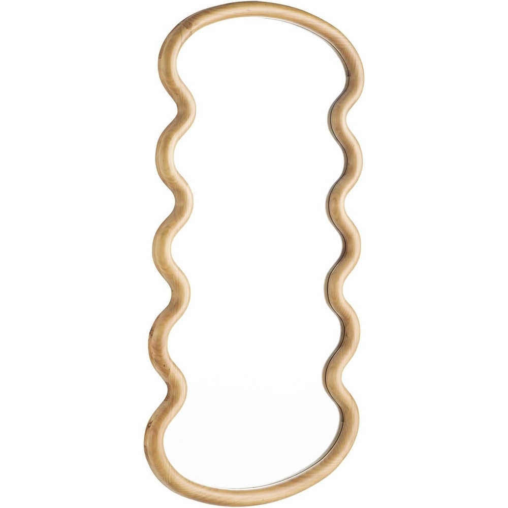 image:imageSignature Design by Ashley Serendis Wavy Wall Mirror Brown 24x48 in Wood and glass materials Organic modern style Living room or bedroom decor Vertical and horizontal hanging orientation