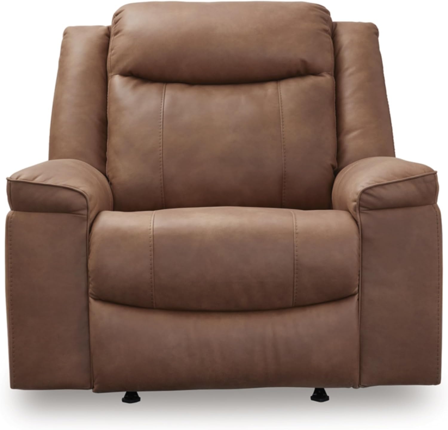 image:imageSignature Design by Ashley Oversized Manual Rocker Recliner Chair Shadow Faux leather upholstery 400 lbs weight capacity Living room use 44 in wide Steel seat box Chadstone SeriesCaramel