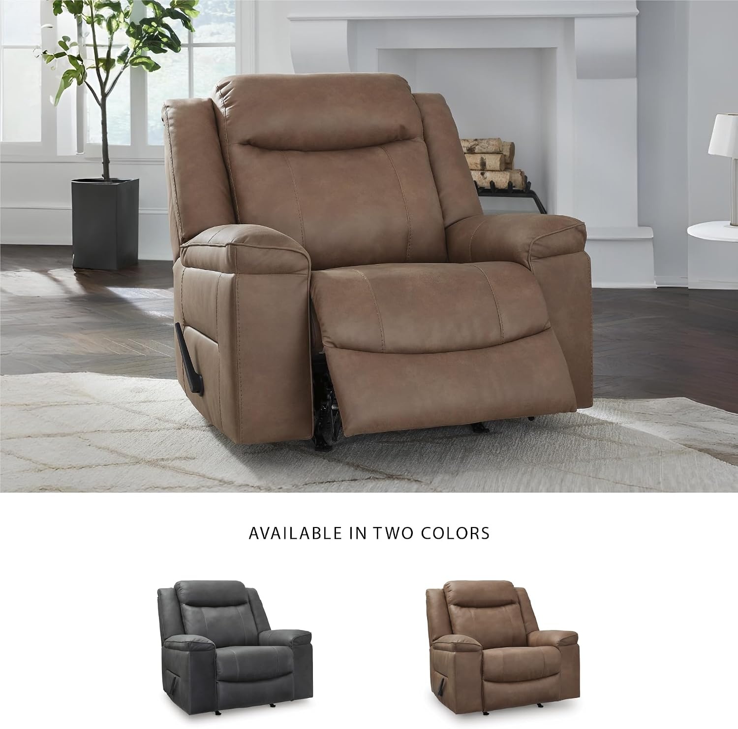image:imageSignature Design by Ashley Oversized Manual Rocker Recliner Chair Shadow Faux leather upholstery 400 lbs weight capacity Living room use 44 in wide Steel seat box Chadstone SeriesCaramel