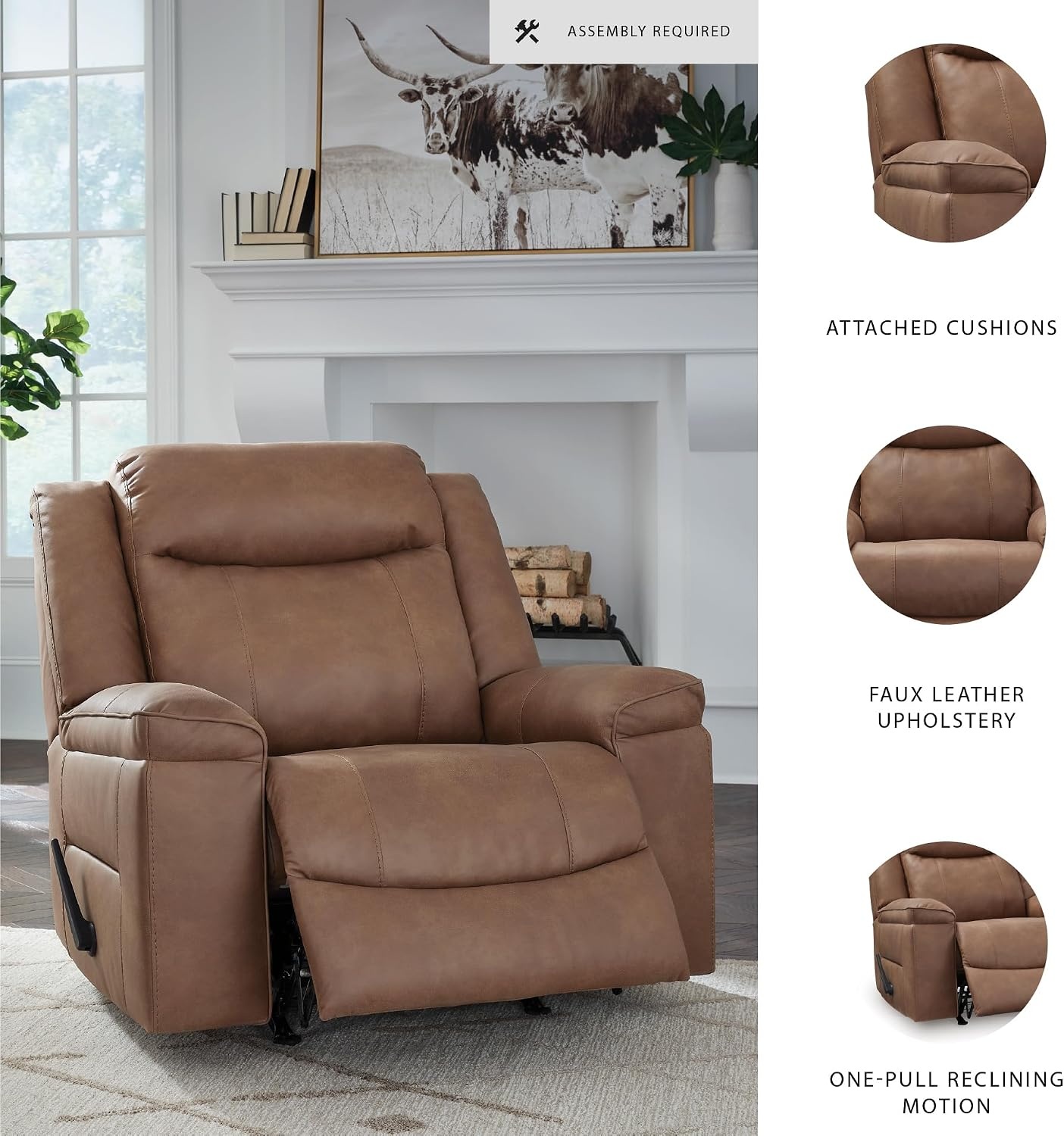 image:imageSignature Design by Ashley Oversized Manual Rocker Recliner Chair Shadow Faux leather upholstery 400 lbs weight capacity Living room use 44 in wide Steel seat box Chadstone SeriesCaramel