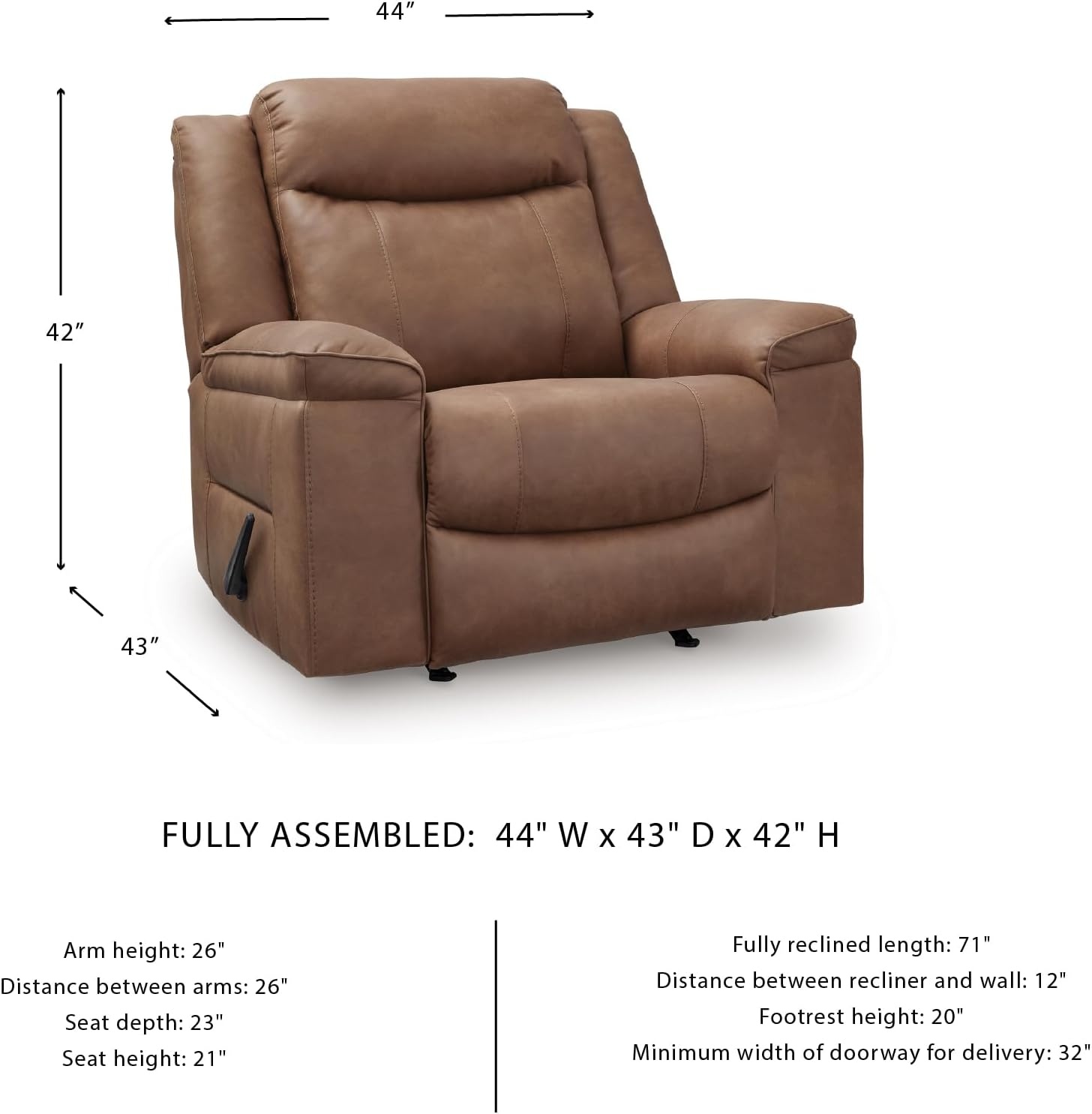 image:imageSignature Design by Ashley Oversized Manual Rocker Recliner Chair Shadow Faux leather upholstery 400 lbs weight capacity Living room use 44 in wide Steel seat box Chadstone SeriesCaramel