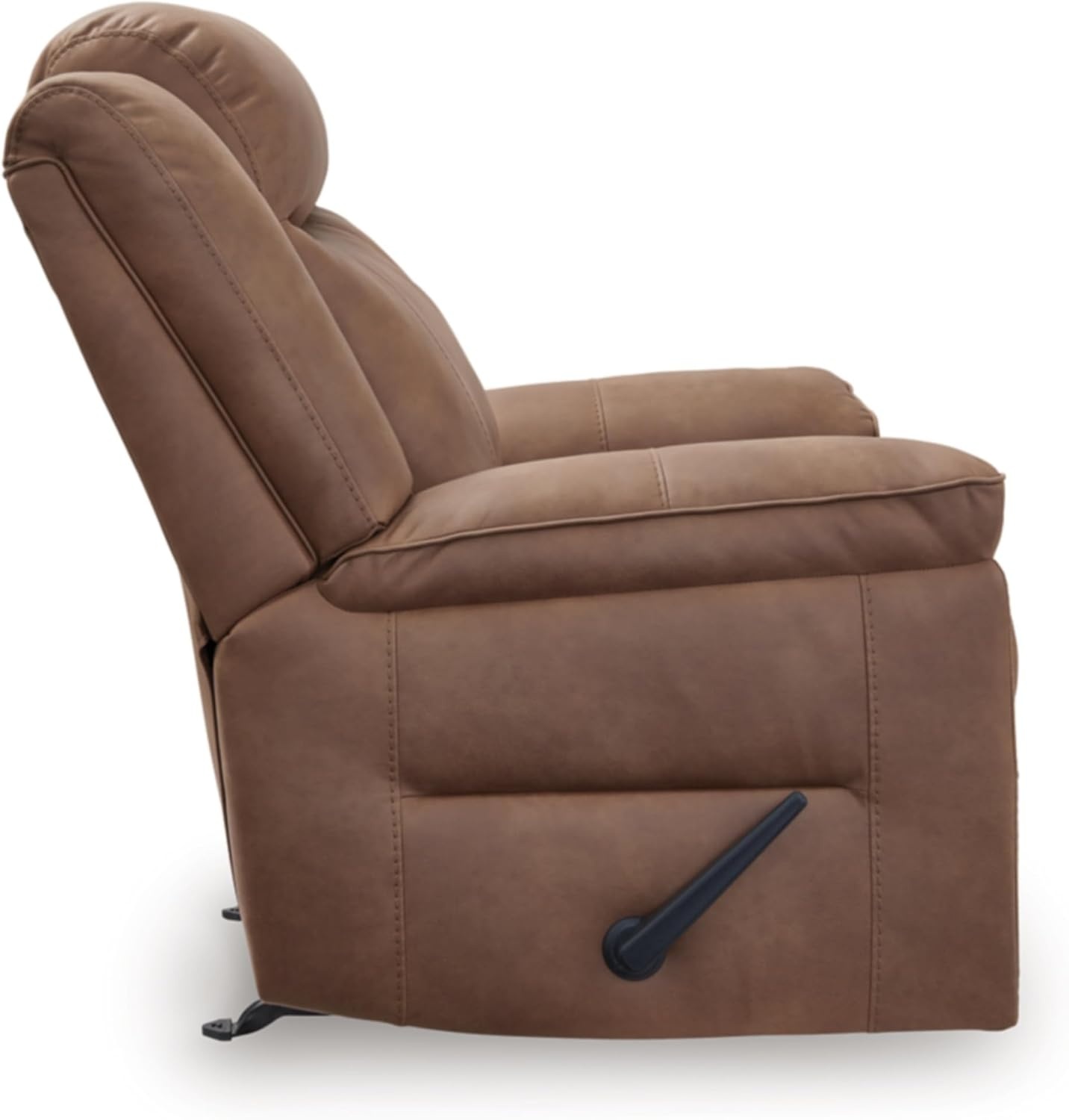 image:imageSignature Design by Ashley Oversized Manual Rocker Recliner Chair Shadow Faux leather upholstery 400 lbs weight capacity Living room use 44 in wide Steel seat box Chadstone SeriesCaramel
