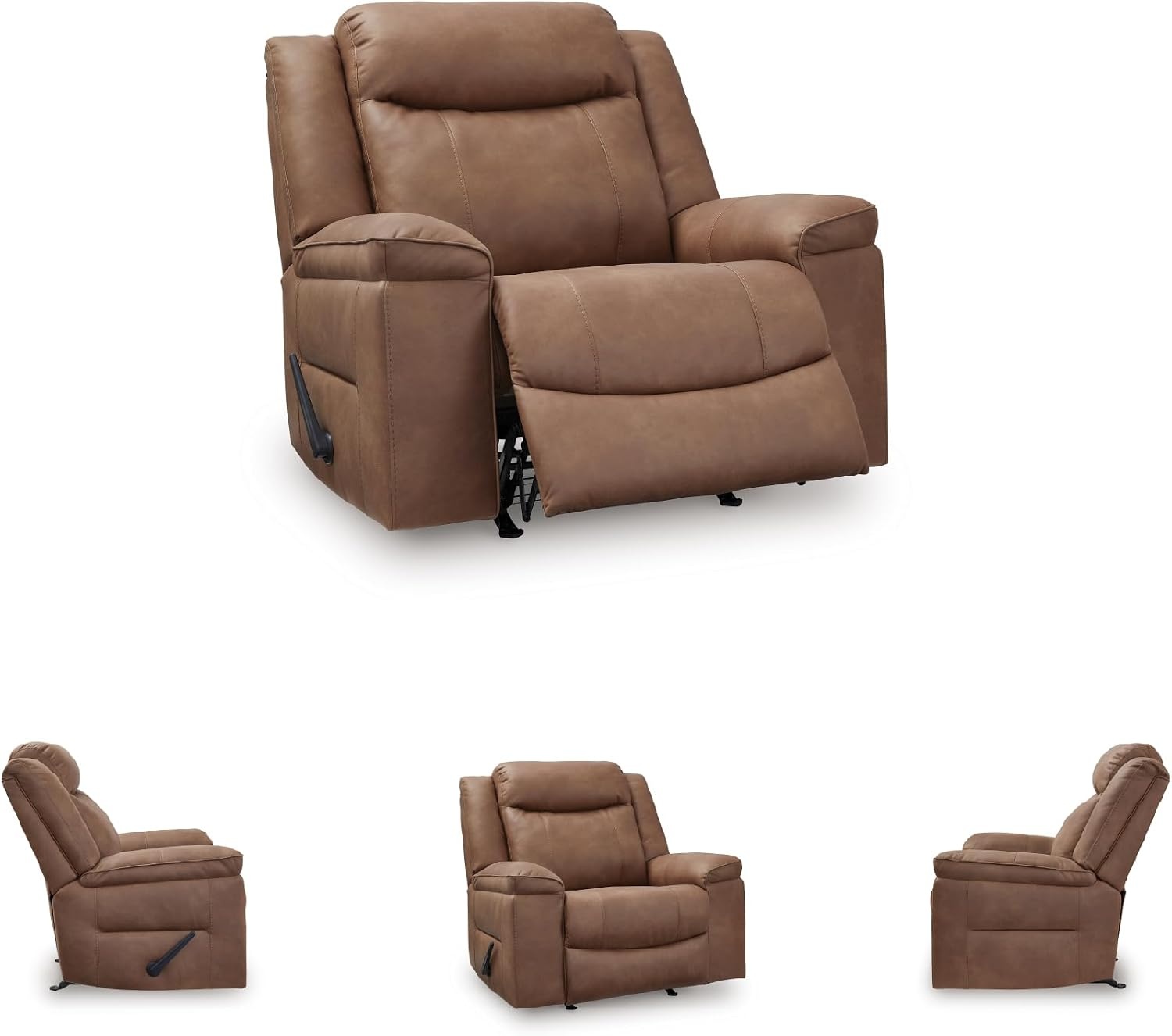 image:imageSignature Design by Ashley Oversized Manual Rocker Recliner Chair Shadow Faux leather upholstery 400 lbs weight capacity Living room use 44 in wide Steel seat box Chadstone SeriesCaramel