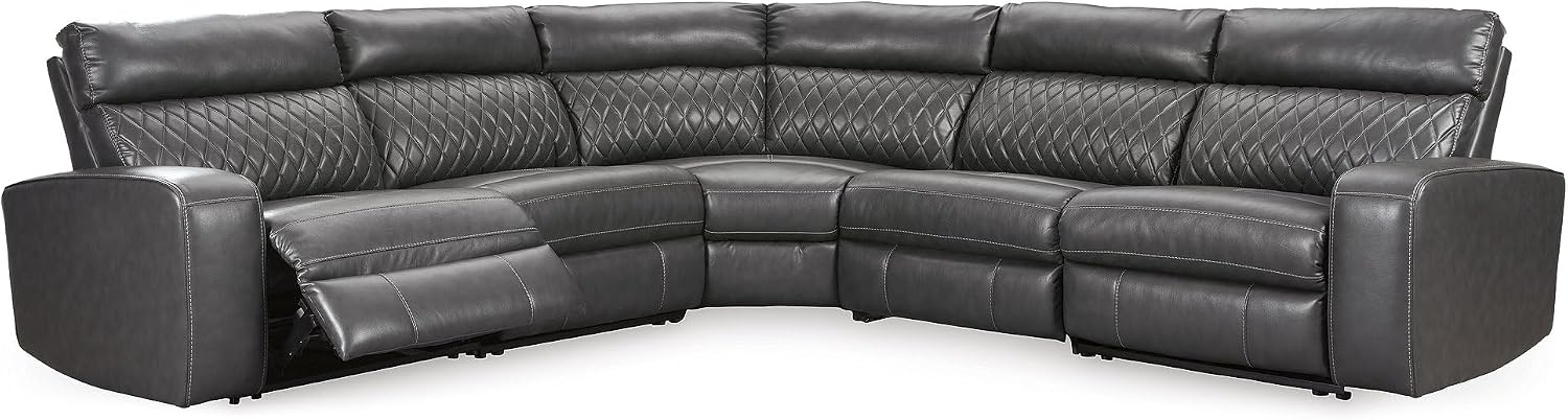 image:imageSignature Design by Ashley 6Piece Power Reclining Sectional Gray Gray faux leather upholstery Zero wall power recliner Storage console with USB ports Diamond stitch design SamperstoneGrey