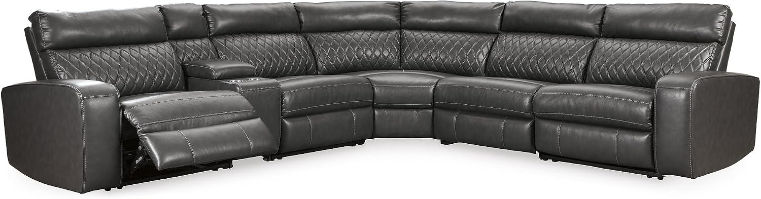 image:imageSignature Design by Ashley 6Piece Power Reclining Sectional Gray Gray faux leather upholstery Zero wall power recliner Storage console with USB ports Diamond stitch design SamperstoneGrey