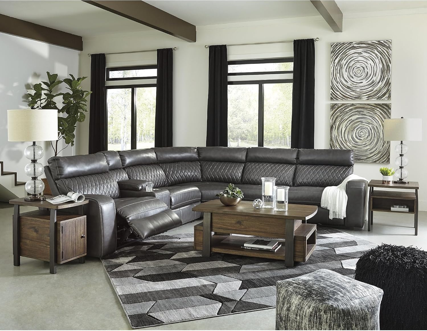 image:imageSignature Design by Ashley 6Piece Power Reclining Sectional Gray Gray faux leather upholstery Zero wall power recliner Storage console with USB ports Diamond stitch design SamperstoneGrey