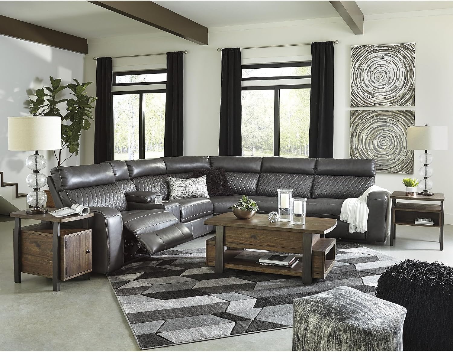 image:imageSignature Design by Ashley 6Piece Power Reclining Sectional Gray Gray faux leather upholstery Zero wall power recliner Storage console with USB ports Diamond stitch design SamperstoneGrey