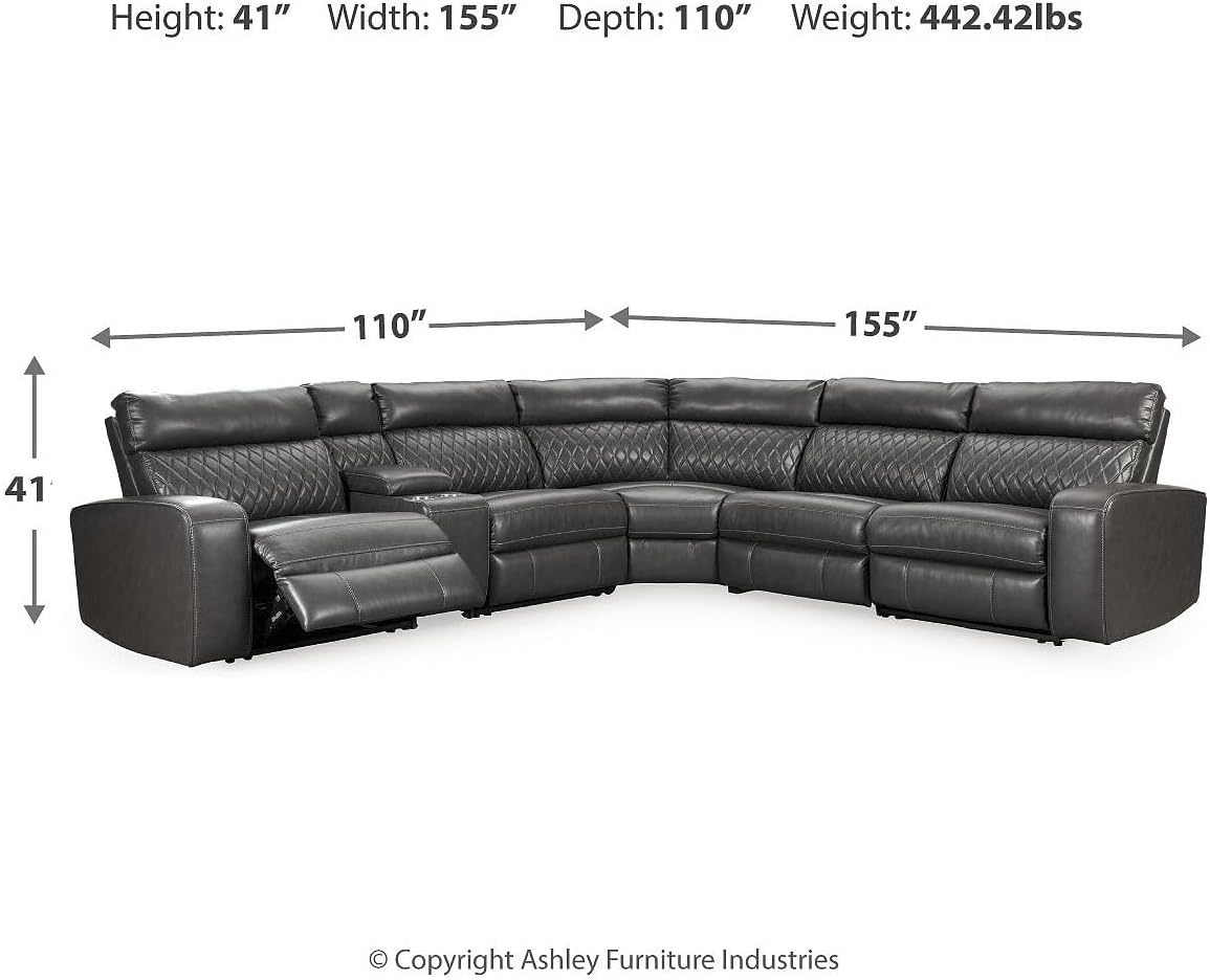 image:imageSignature Design by Ashley 6Piece Power Reclining Sectional Gray Gray faux leather upholstery Zero wall power recliner Storage console with USB ports Diamond stitch design SamperstoneGrey