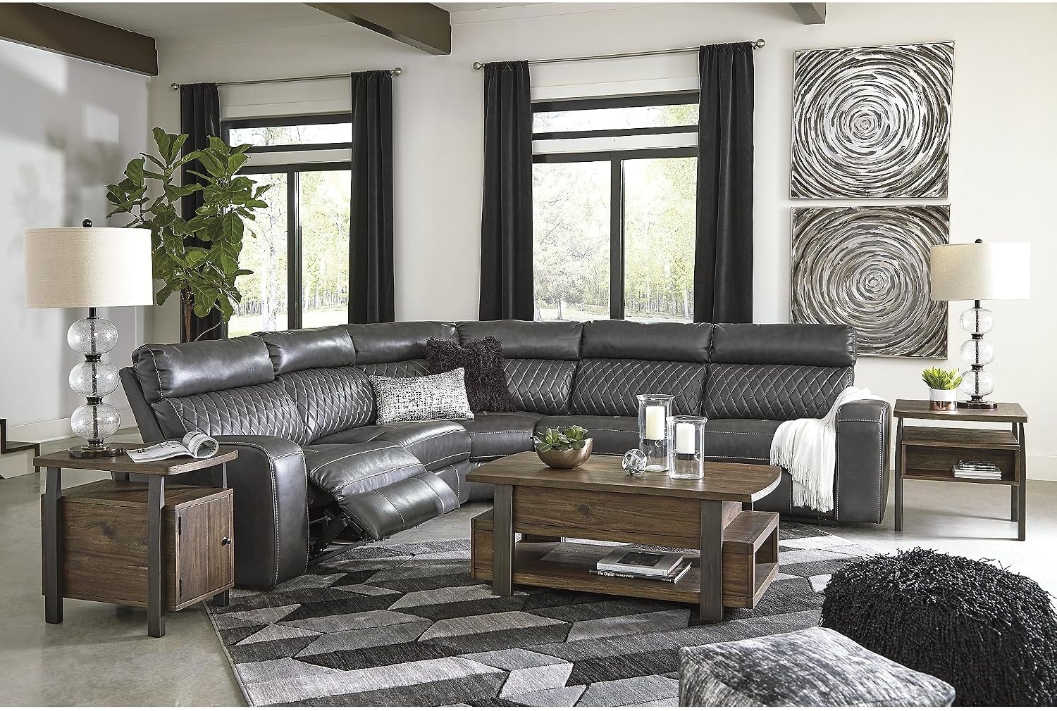 image:imageSignature Design by Ashley 6Piece Power Reclining Sectional Gray Gray faux leather upholstery Zero wall power recliner Storage console with USB ports Diamond stitch design SamperstoneGrey