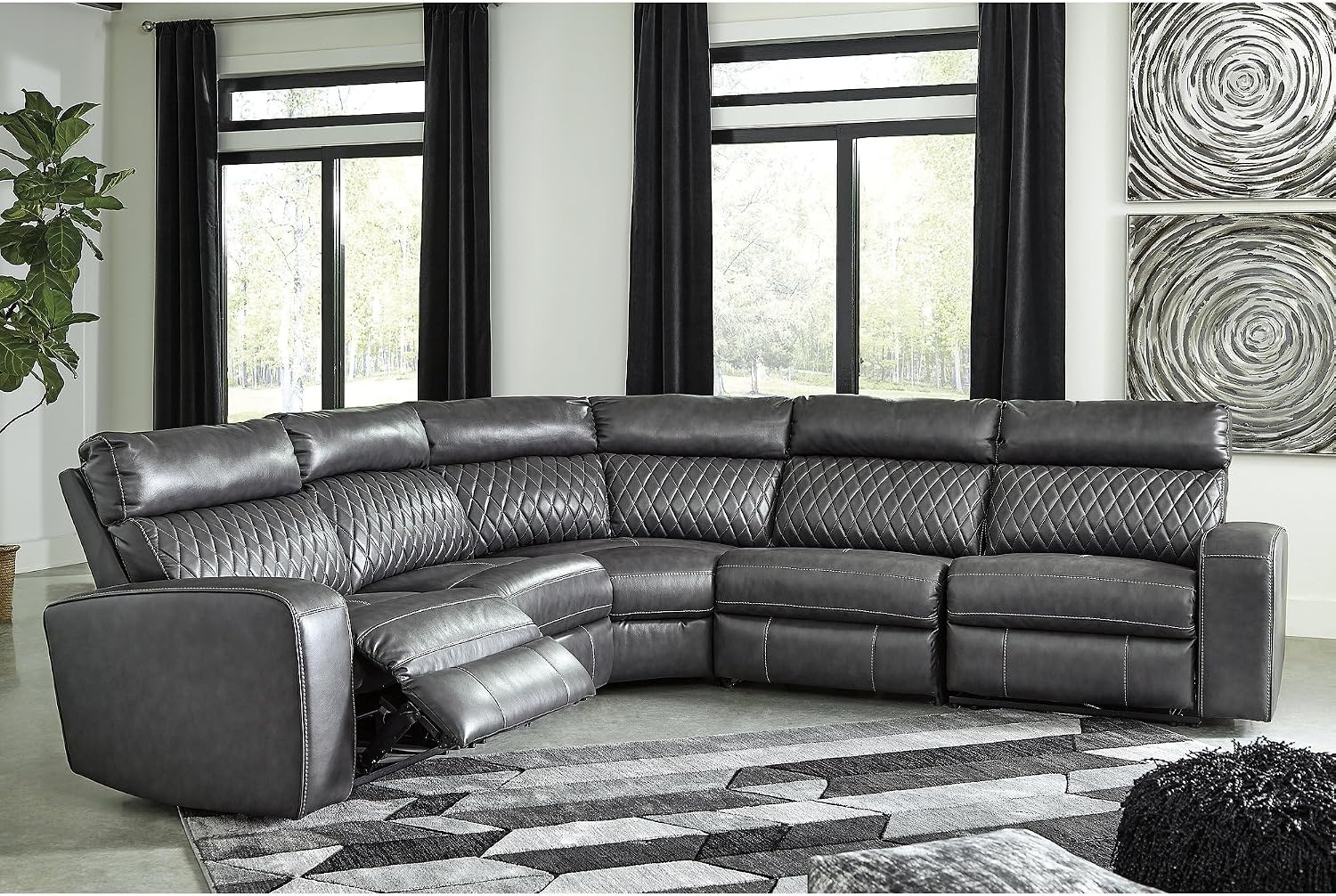image:imageSignature Design by Ashley 6Piece Power Reclining Sectional Gray Gray faux leather upholstery Zero wall power recliner Storage console with USB ports Diamond stitch design SamperstoneGrey