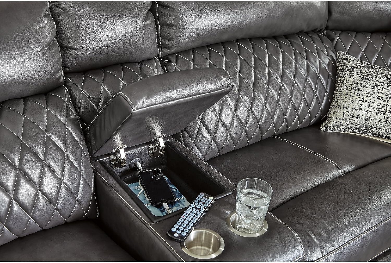 image:imageSignature Design by Ashley 6Piece Power Reclining Sectional Gray Gray faux leather upholstery Zero wall power recliner Storage console with USB ports Diamond stitch design SamperstoneGrey