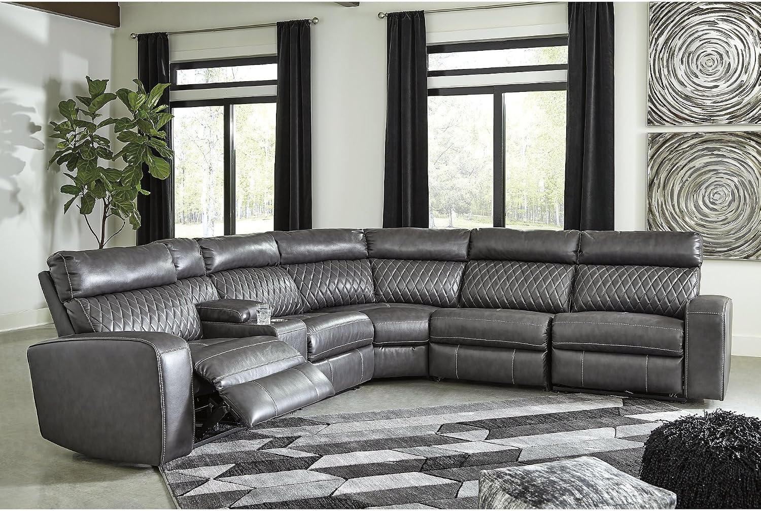 image:imageSignature Design by Ashley 6Piece Power Reclining Sectional Gray Gray faux leather upholstery Zero wall power recliner Storage console with USB ports Diamond stitch design SamperstoneGrey