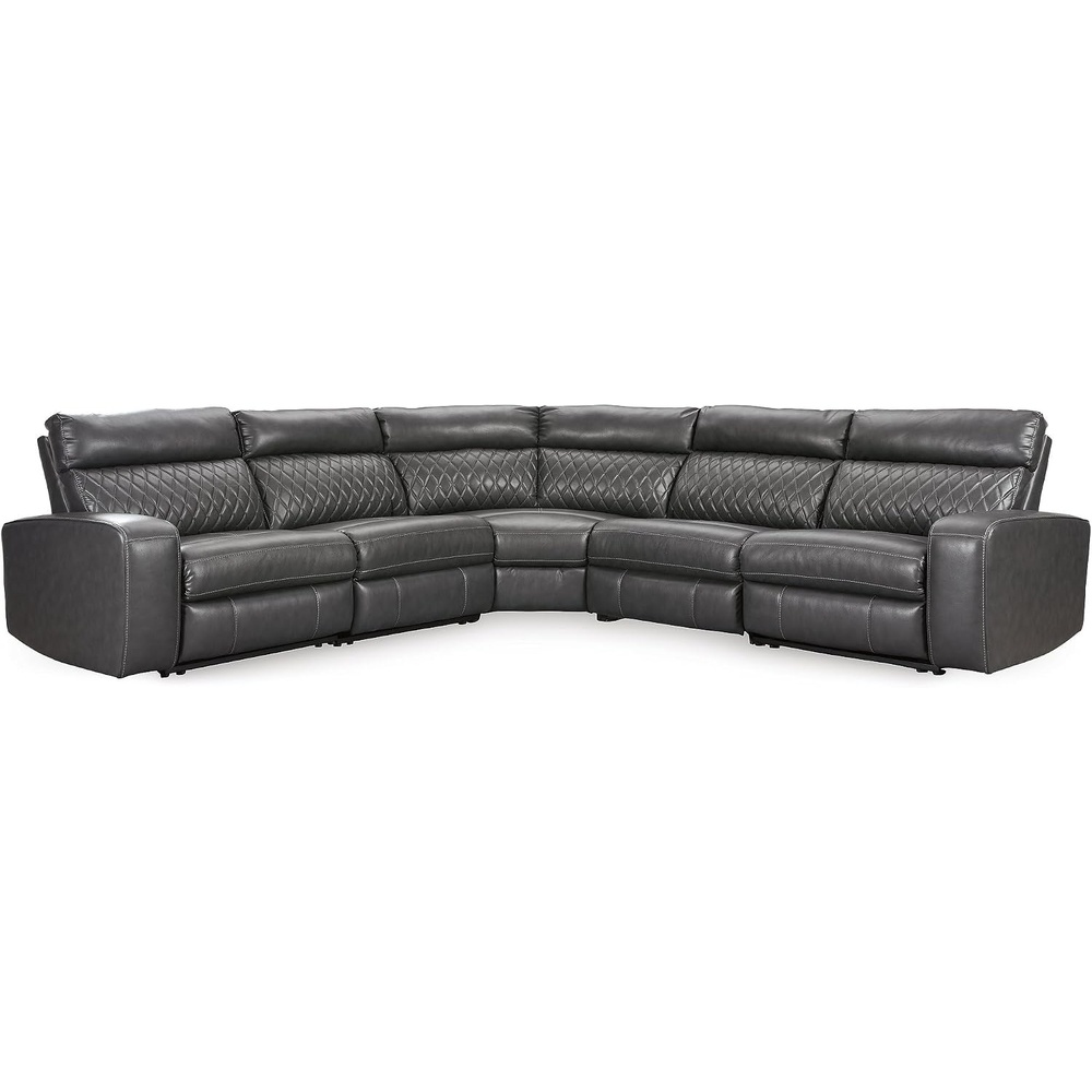 image:imageSignature Design by Ashley 6Piece Power Reclining Sectional Gray Gray faux leather upholstery Zero wall power recliner Storage console with USB ports Diamond stitch design SamperstoneGrey