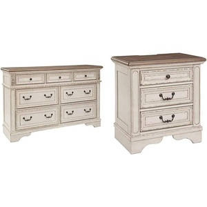 Signature Design by Ashley Realyn French Country 7 Drawer Two Tone Dresser (Chipped White) and 3 Drawer Nightstand with Electrical Outlets & USB Ports (Chipped White)(7)