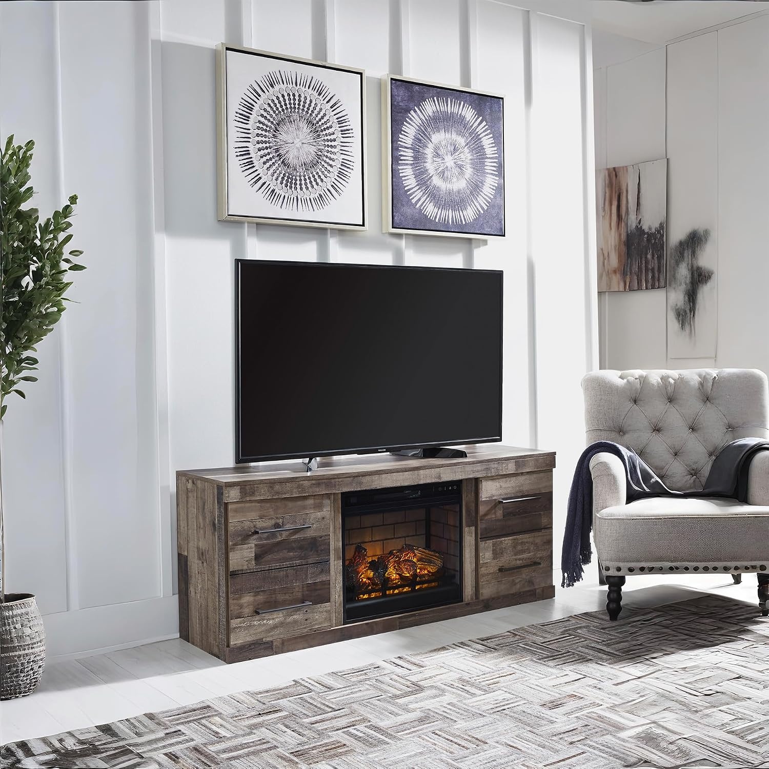 image:imageSignature Design by Ashley Derekson Farmhouse 4Piece Entertainment Center with Electric Fireplace for TVs up to 69 GrayMulti Gray