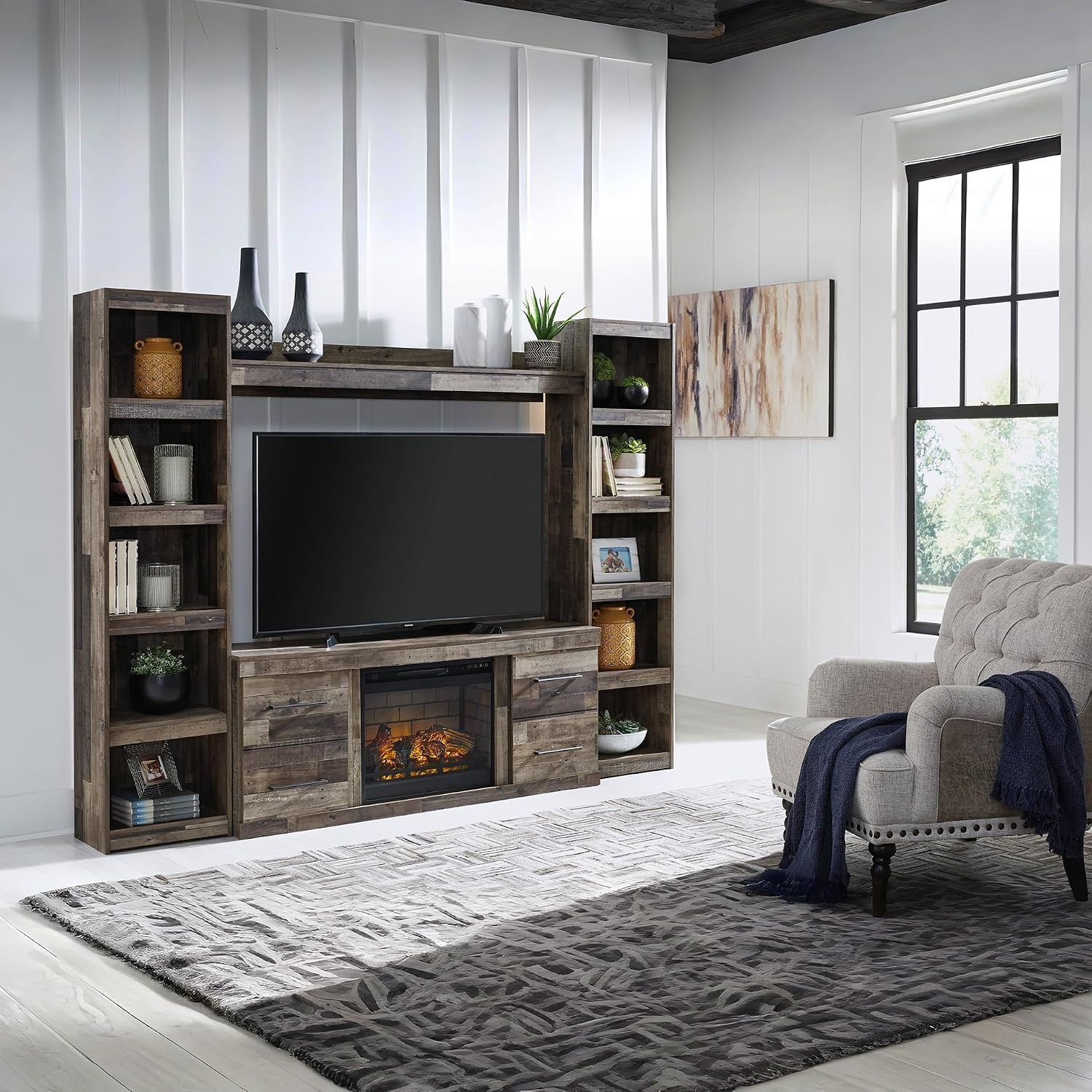 image:imageSignature Design by Ashley Derekson Farmhouse 4Piece Entertainment Center with Electric Fireplace for TVs up to 69 GrayMulti Gray
