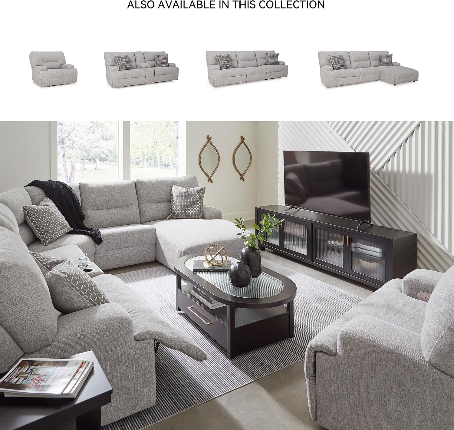 image:imageSignature Design by Ashley Acklen Place Stain Resistant Contemporary LeftArm Facing 3Piece Power Reclining Sectional Sofa with Chaise Adjustable Headrest USB PortsConsole and Cup Holders BluePewter