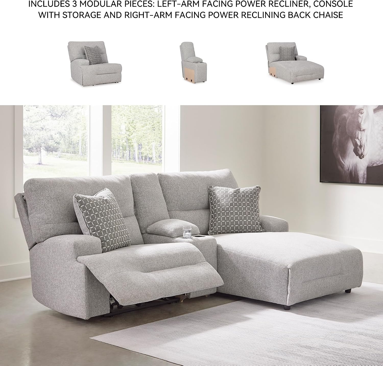 image:imageSignature Design by Ashley Acklen Place Stain Resistant Contemporary LeftArm Facing 3Piece Power Reclining Sectional Sofa with Chaise Adjustable Headrest USB PortsConsole and Cup Holders BluePewter