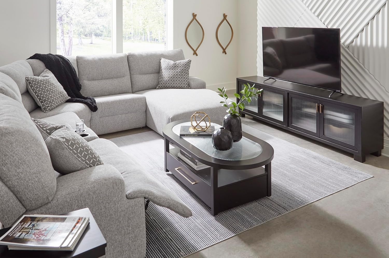 image:imageSignature Design by Ashley Acklen Place Stain Resistant Contemporary LeftArm Facing 3Piece Power Reclining Sectional Sofa with Chaise Adjustable Headrest USB PortsConsole and Cup Holders BluePewter