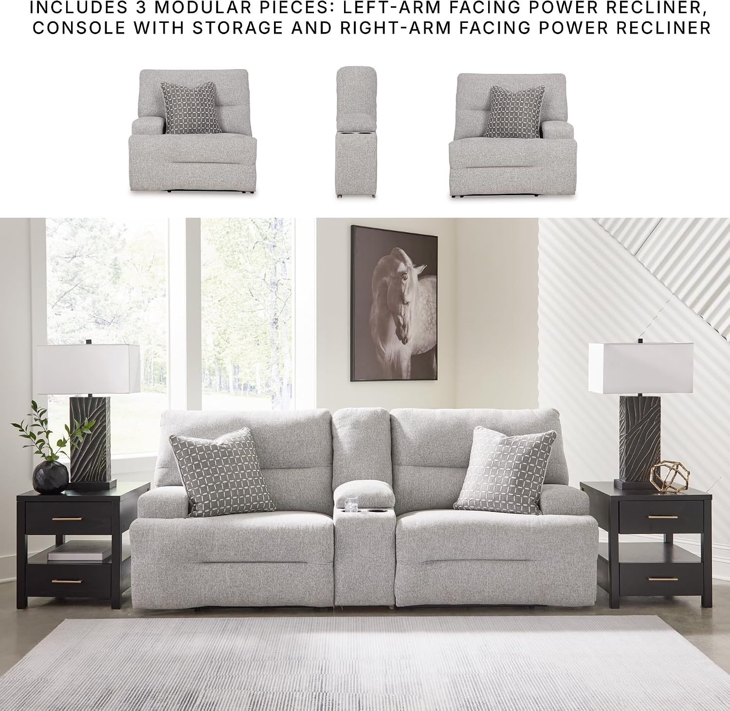 image:imageSignature Design by Ashley Acklen Place Stain Resistant Contemporary LeftArm Facing 3Piece Power Reclining Sectional Sofa with Chaise Adjustable Headrest USB PortsConsole and Cup Holders BluePewter