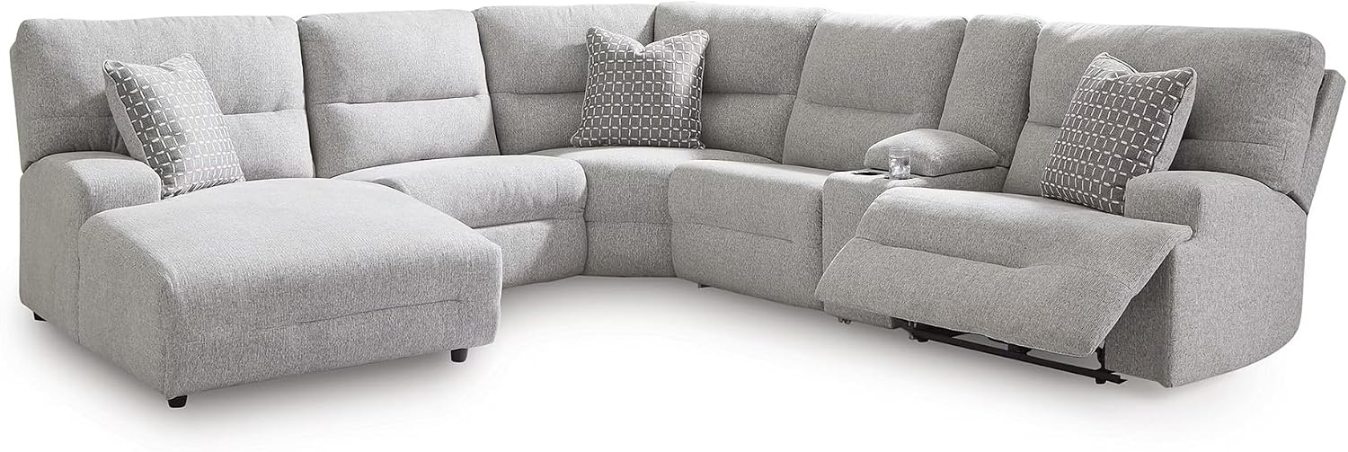 image:imageSignature Design by Ashley Acklen Place Stain Resistant Contemporary LeftArm Facing 3Piece Power Reclining Sectional Sofa with Chaise Adjustable Headrest USB PortsConsole and Cup Holders BluePewter
