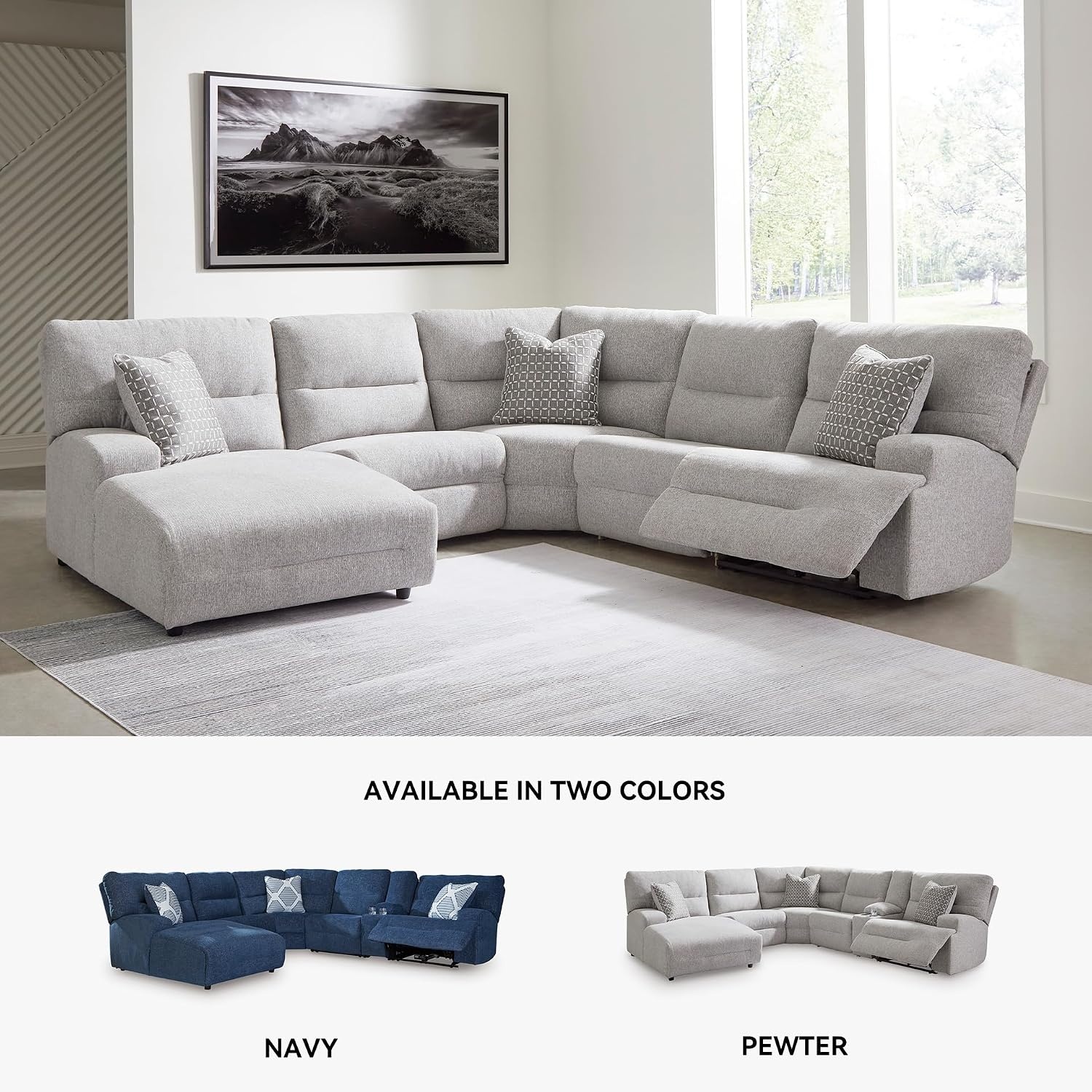 image:imageSignature Design by Ashley Acklen Place Stain Resistant Contemporary LeftArm Facing 3Piece Power Reclining Sectional Sofa with Chaise Adjustable Headrest USB PortsConsole and Cup Holders BluePewter