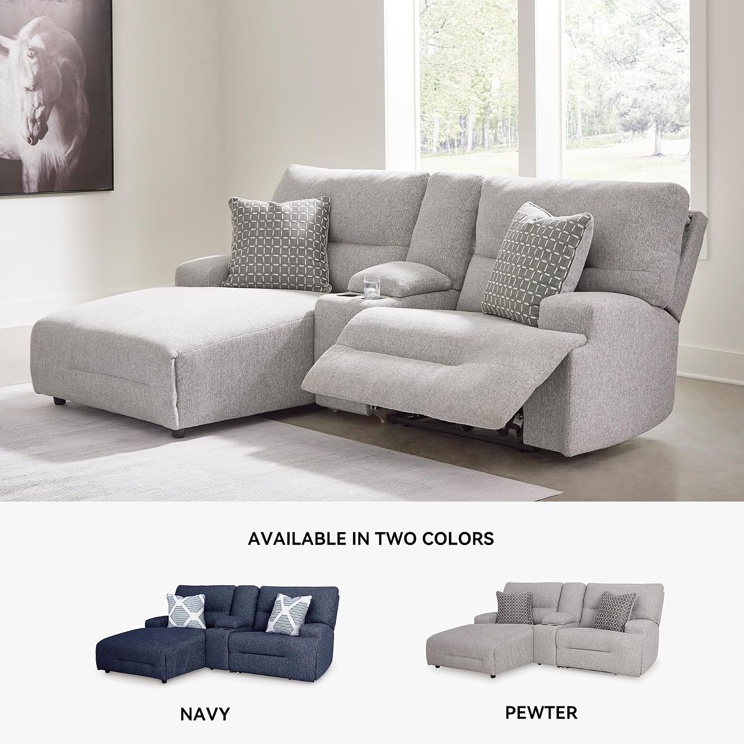 image:imageSignature Design by Ashley Acklen Place Stain Resistant Contemporary LeftArm Facing 3Piece Power Reclining Sectional Sofa with Chaise Adjustable Headrest USB PortsConsole and Cup Holders BluePewter