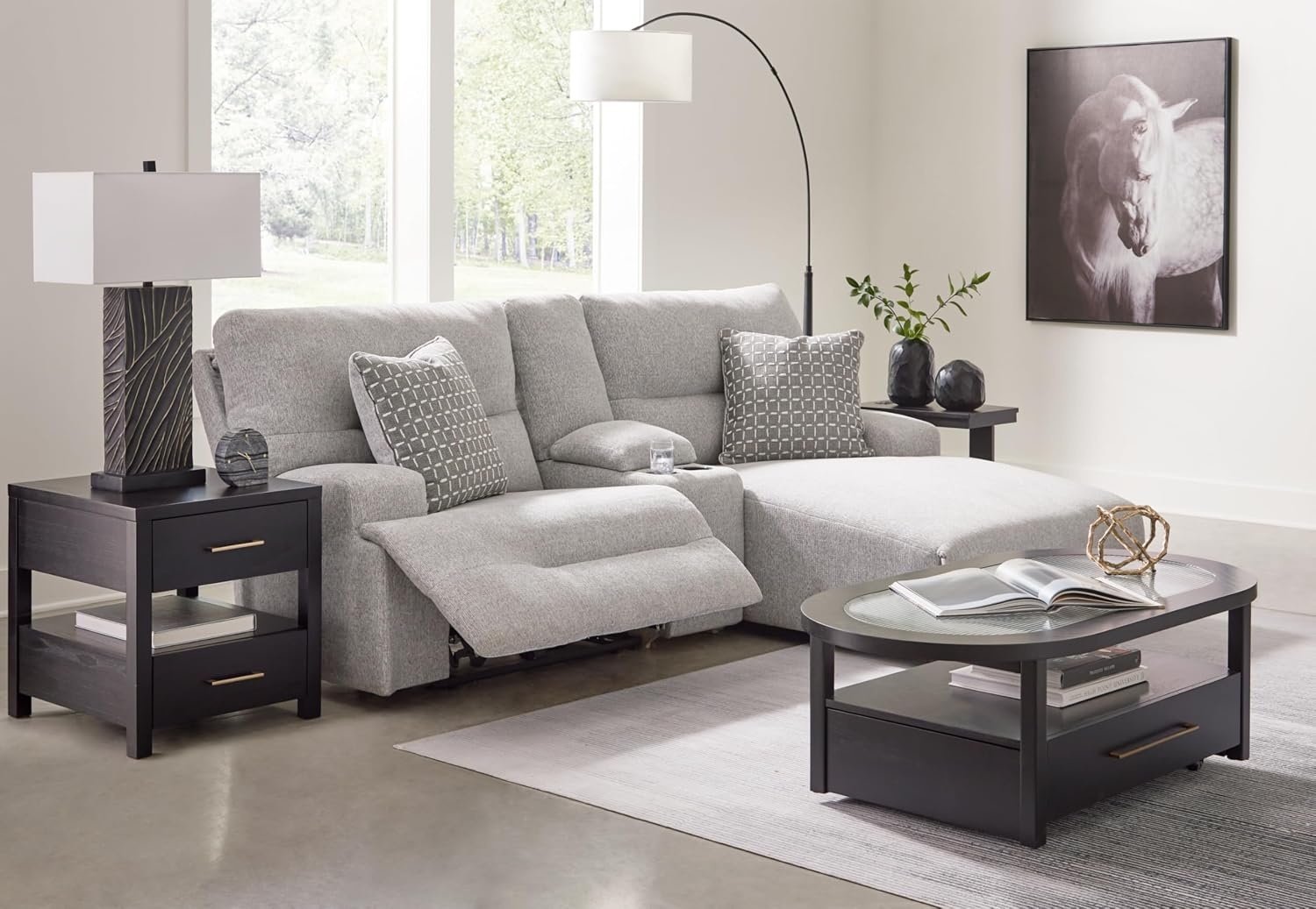 image:imageSignature Design by Ashley Acklen Place Stain Resistant Contemporary LeftArm Facing 3Piece Power Reclining Sectional Sofa with Chaise Adjustable Headrest USB PortsConsole and Cup Holders BluePewter