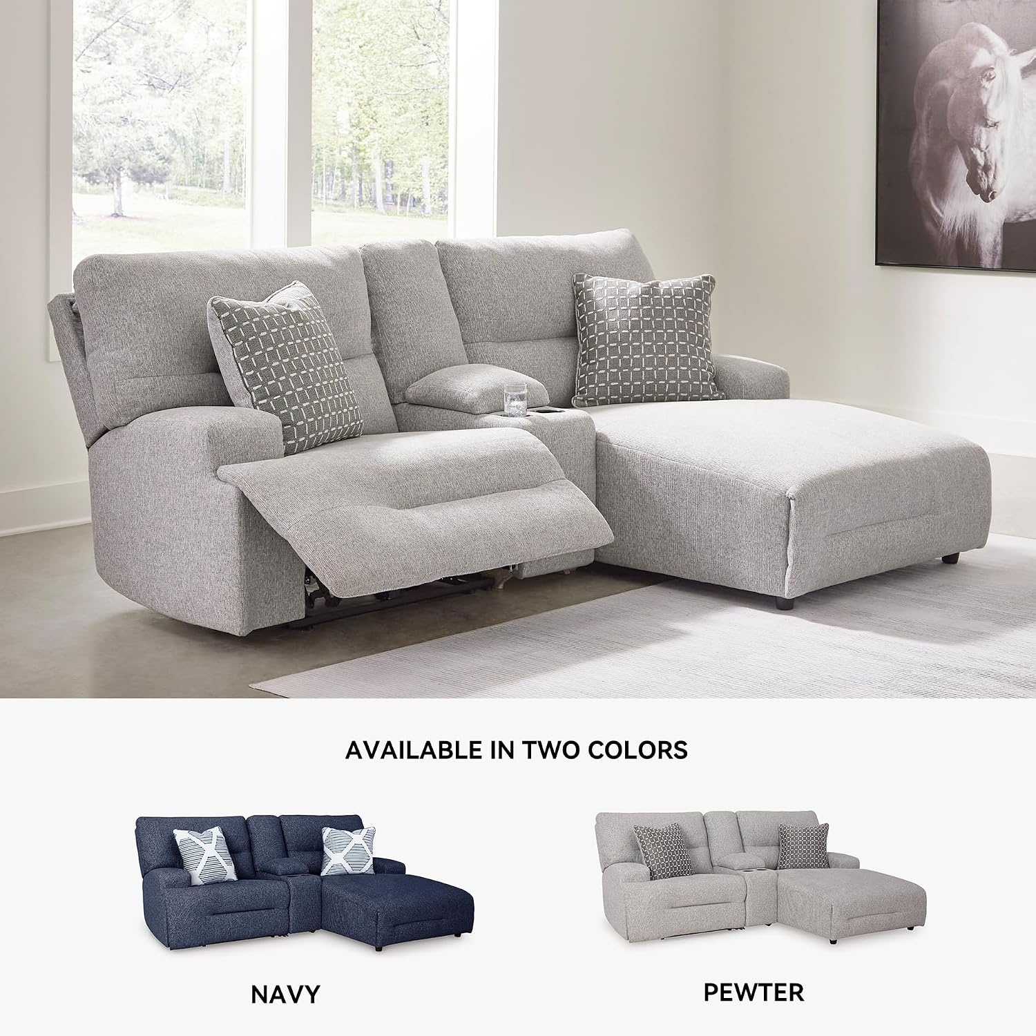 image:imageSignature Design by Ashley Acklen Place Stain Resistant Contemporary LeftArm Facing 3Piece Power Reclining Sectional Sofa with Chaise Adjustable Headrest USB PortsConsole and Cup Holders BluePewter