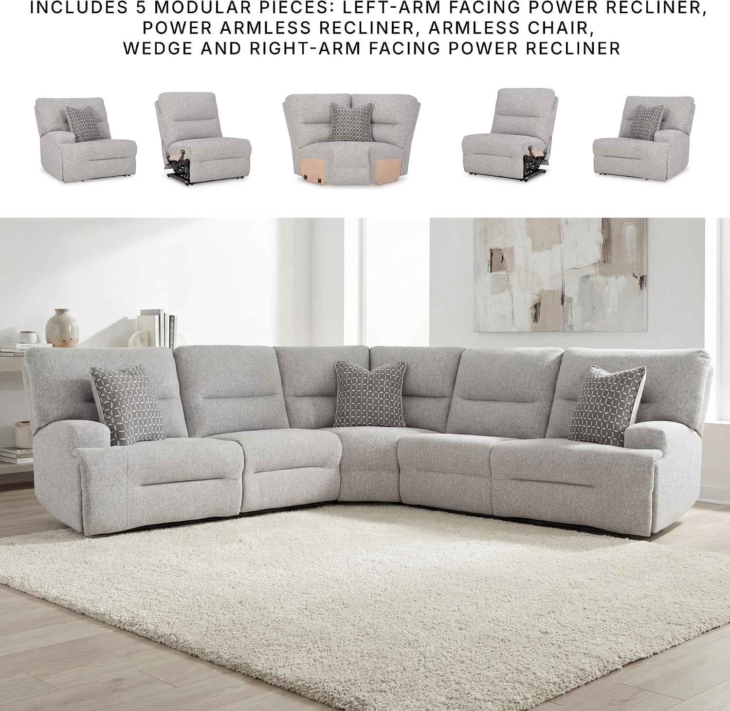 image:imageSignature Design by Ashley Acklen Place Stain Resistant Contemporary LeftArm Facing 3Piece Power Reclining Sectional Sofa with Chaise Adjustable Headrest USB PortsConsole and Cup Holders BluePewter
