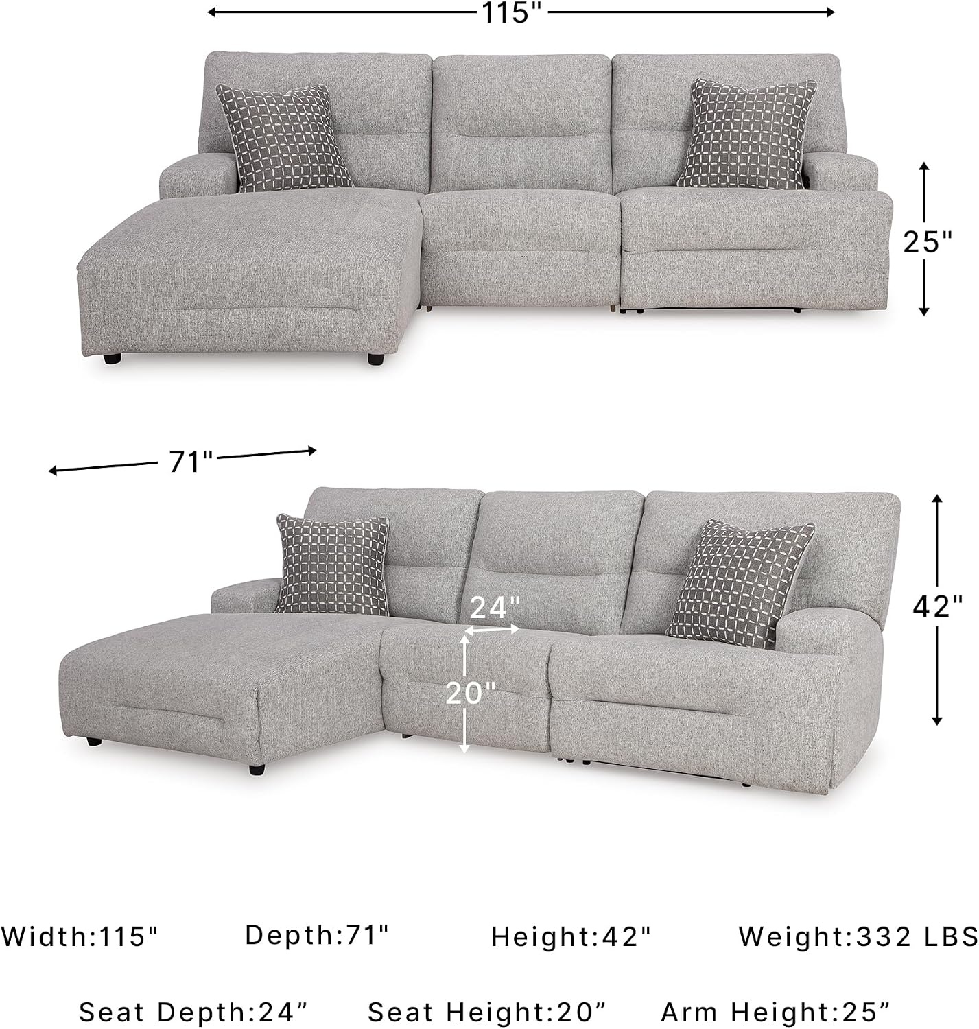 image:imageSignature Design by Ashley Acklen Place Stain Resistant Contemporary LeftArm Facing 3Piece Power Reclining Sectional Sofa with Chaise Adjustable Headrest USB PortsConsole and Cup Holders BluePewter