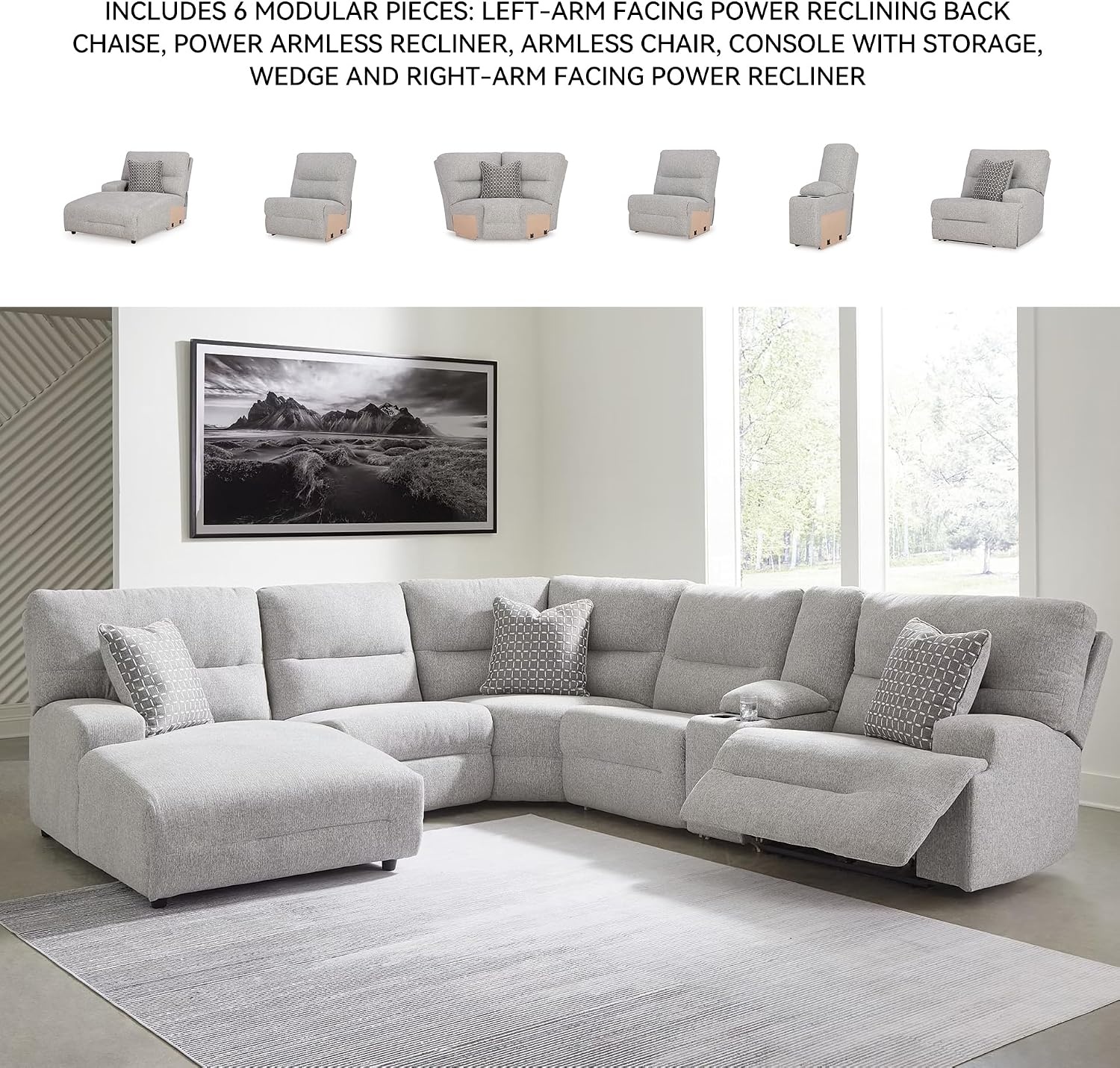 image:imageSignature Design by Ashley Acklen Place Stain Resistant Contemporary LeftArm Facing 3Piece Power Reclining Sectional Sofa with Chaise Adjustable Headrest USB PortsConsole and Cup Holders BluePewter