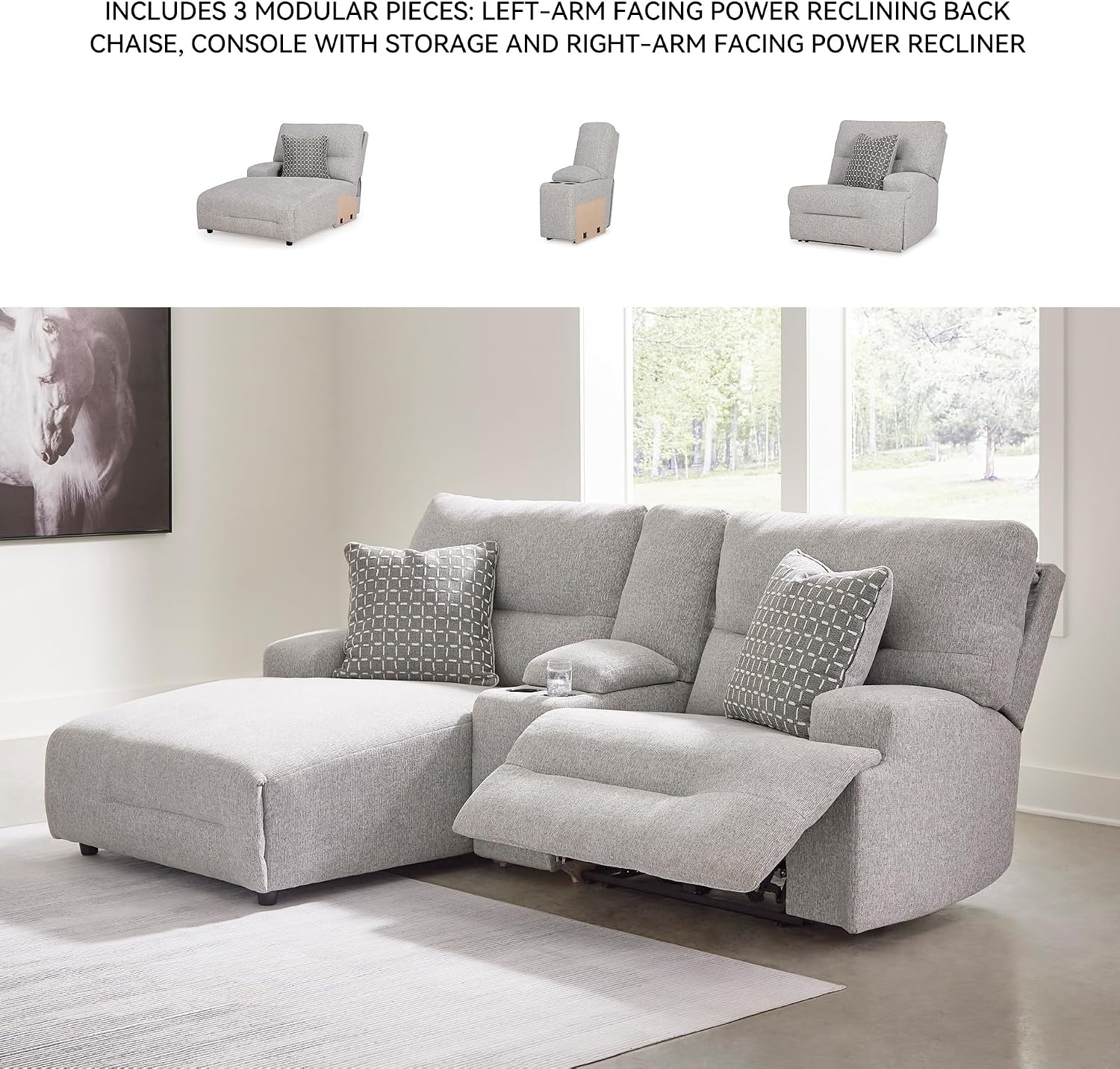 image:imageSignature Design by Ashley Acklen Place Stain Resistant Contemporary LeftArm Facing 3Piece Power Reclining Sectional Sofa with Chaise Adjustable Headrest USB PortsConsole and Cup Holders BluePewter