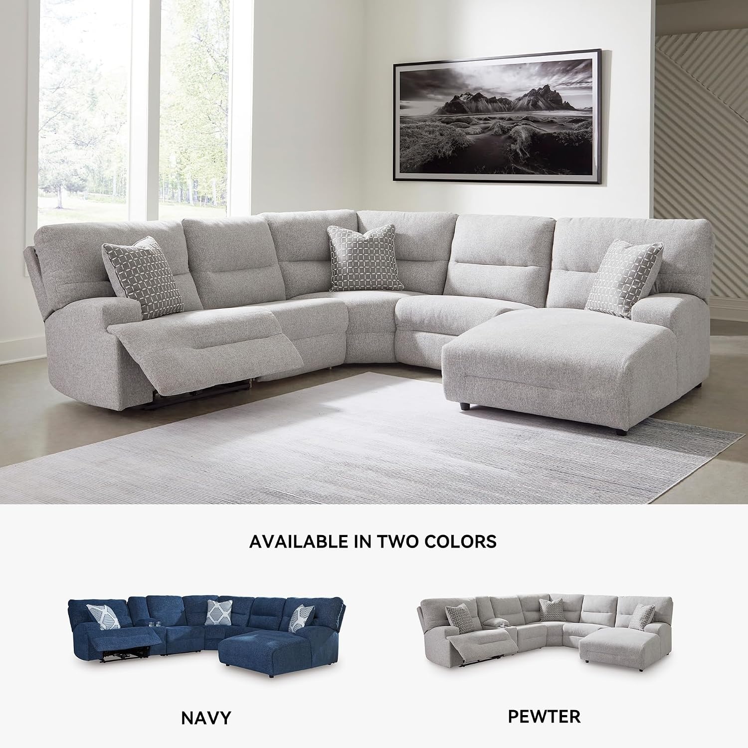 image:imageSignature Design by Ashley Acklen Place Stain Resistant Contemporary LeftArm Facing 3Piece Power Reclining Sectional Sofa with Chaise Adjustable Headrest USB PortsConsole and Cup Holders BluePewter